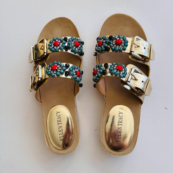 Ellen Tracy Patrick Gold Bejeweled Sandals Size 8M - Picture 1 of 9